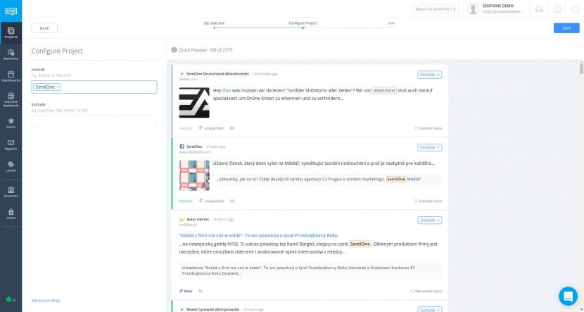 Social Marken-Beobachtungsprojekt in SentiOne-Tool erstellen