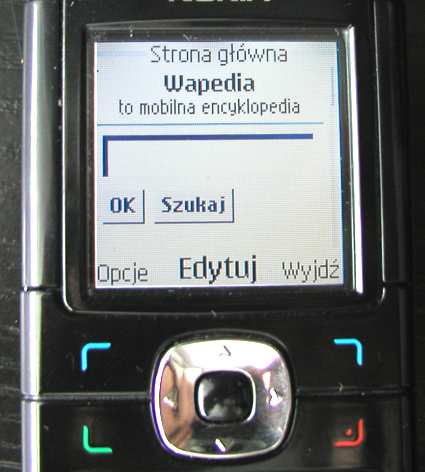Zdjęcie starego telefonu Nokia wyświetlającego stronę główną Wapedii