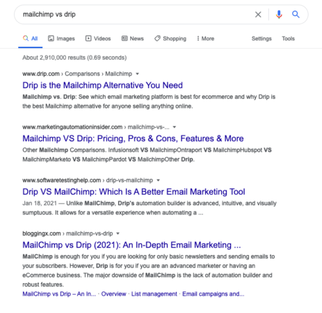 The Google search results for the "Mailchimp vs. Drip" keyphrase. Drip owns the #1 result.
