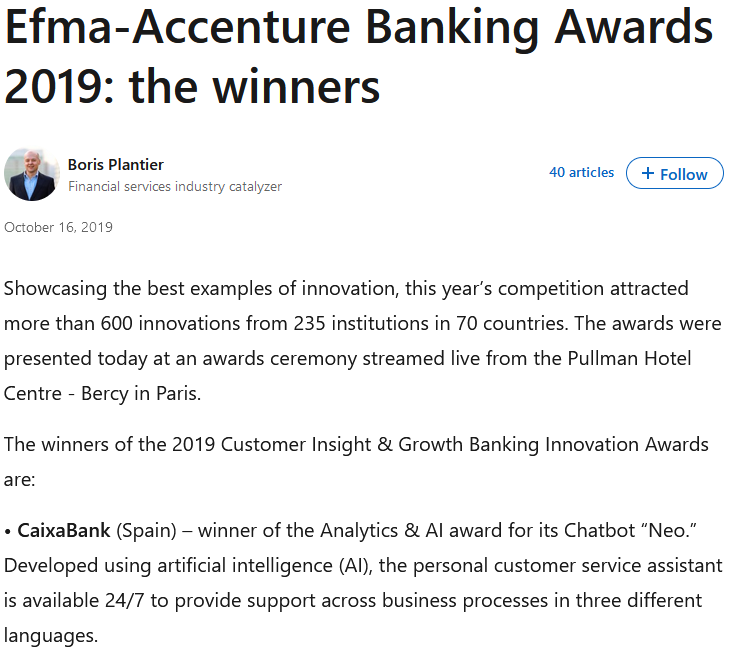 CaixaBank won an Analytics & AI award in 2019 for Neo, its AI-powered chatbot.
