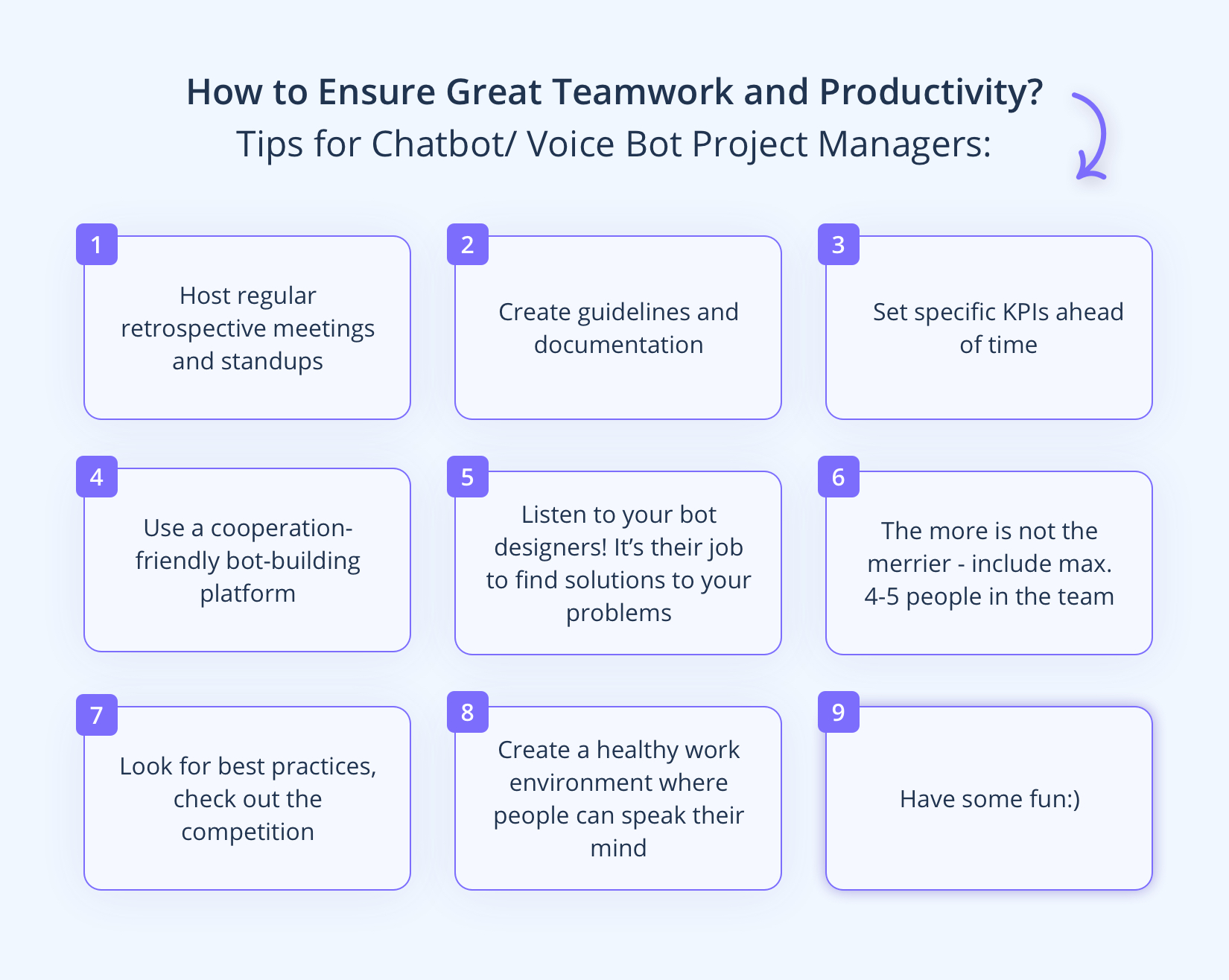 9 tips for project managers on how to improve cooperation in the bot design teams. 
